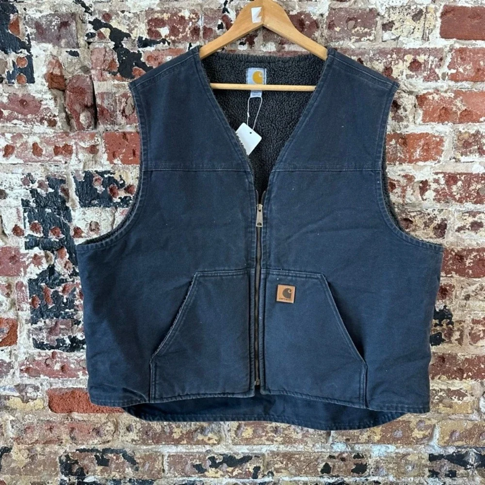 Carhartt V26 BLK Vest Mens 2XL Black Canvas Fleece Sherpa Lined Zip Relaxed